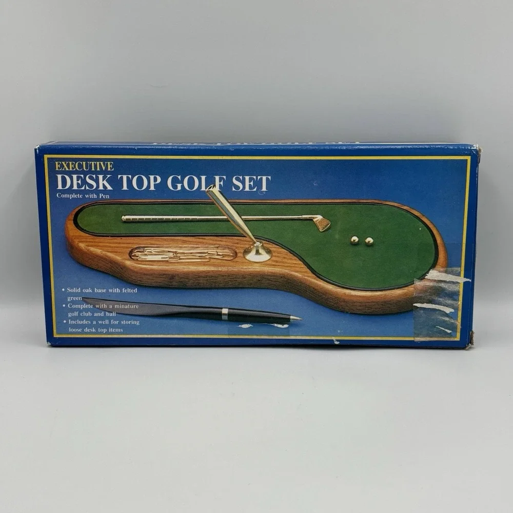 Vintage Desktop Pen Holder Golf Putting Green Walnut Base Man Cave Golf Open Box